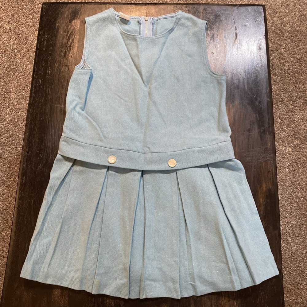 Vintage Toddler Dress Sears Blue Sleeveless Size 6 Buttons Pleated 70s